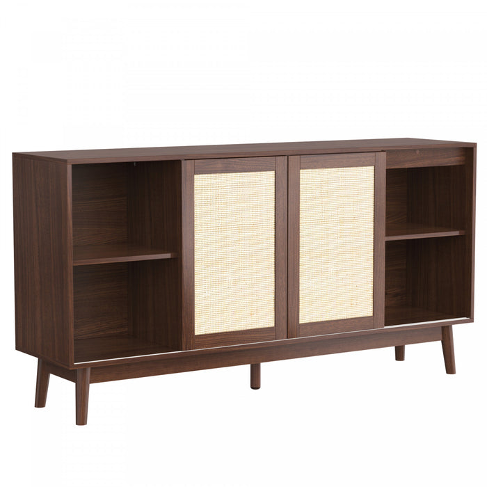 Oliver 61\" Buffet avec Portes Coulissantes en Rattan et Tiroirs, Marron Fonce