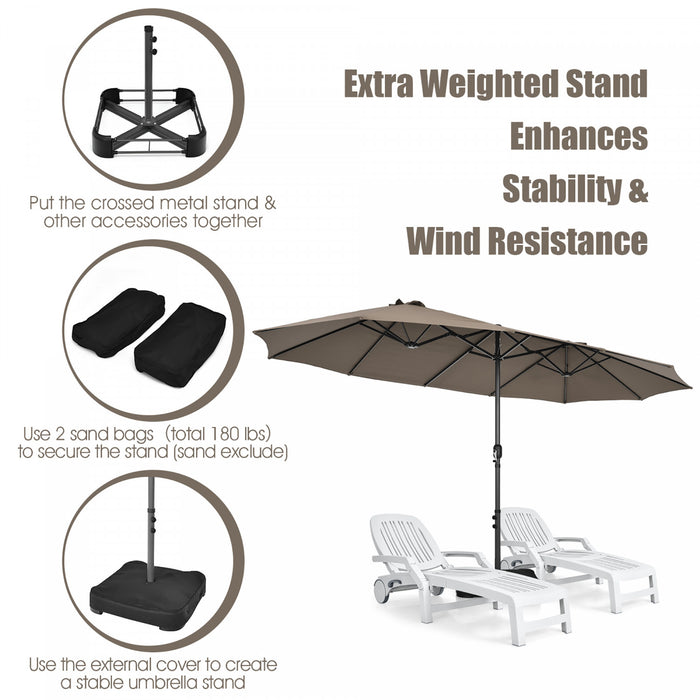 Parasol de patio jumeau double face Costway de 15 pieds, ombrage exterieur, manivelle et base de marche couleur cafe