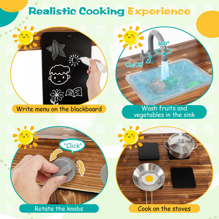 Cuisine En Boue En Bois Avec Tableau Noir, Poeles, Evier Amovible Et Accessoires Naturels