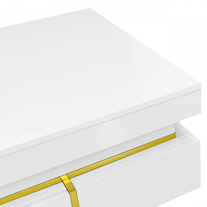 Ava Table Basse a Fini Haute Brillance avec Tiroirs de Rangement et Accents Dores, Blanc
