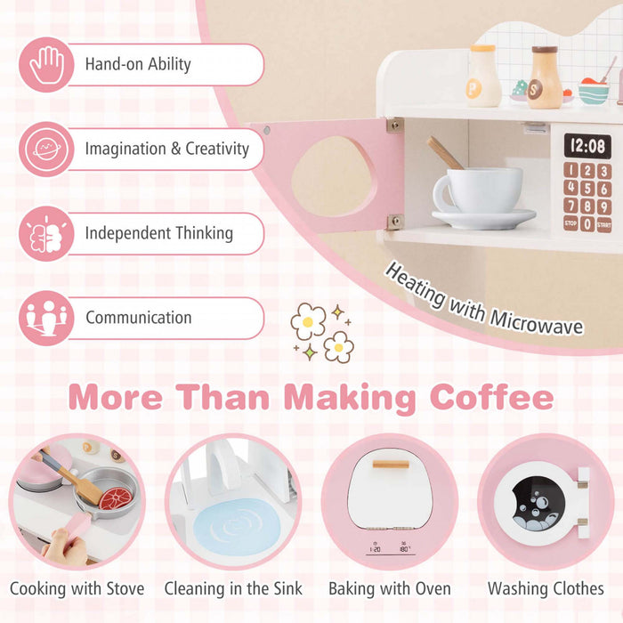 Costway Wooden Kids Kitchen Playset Pretendre Jouer Cuisine Avec Cafetiere Et Micro-ondes
