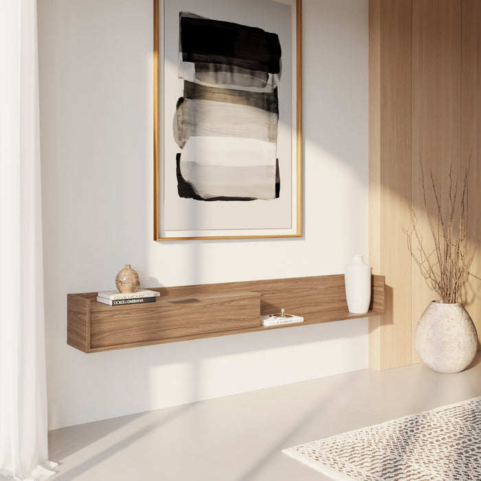 Meuble pour téléviseur mural mince Nordika de 72 po avec armoire de rangement - noyer clair