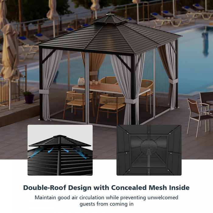 Costway 10’ X 10’ Patio Double Top Hardtop Gazebo Toit En Acier Galvanise Cadre En Aluminium