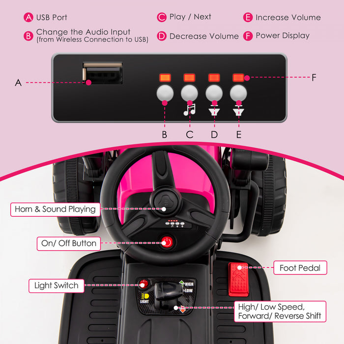 Costway Enfants Rouler Sur Route Rouleau 12v Tracteur Electrique A Distance W / Musique & Led Rose Clair
