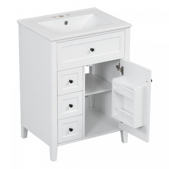 Scott Meuble-lavabo de 24\" avec vasque en ceramique et pieds en bois caoutchouc, Blanc