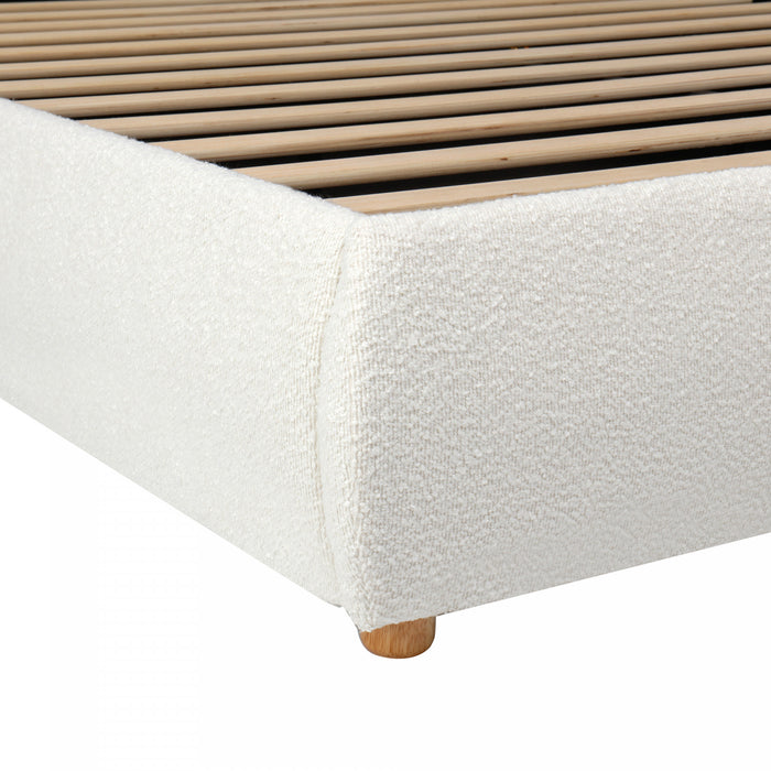 Lit plateforme Camille avec tete de lit courbee et tapisserie bouclee luxueuse, taille King, blanc