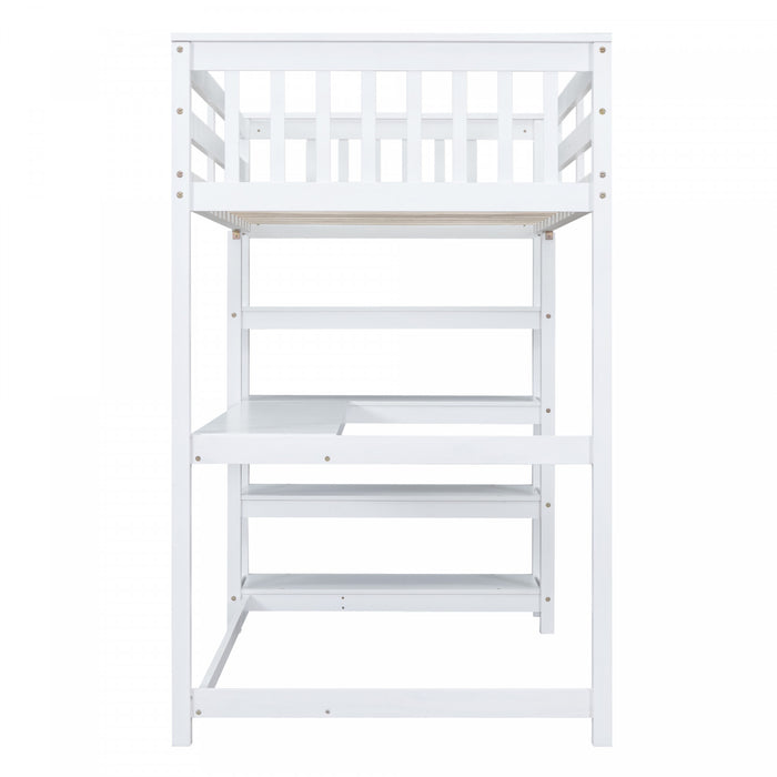 Victoria – Lit Mezzanine Simple En Bois Massif Avec Bureau, Etageres De Rangement Et Eclairage Del – Blanc