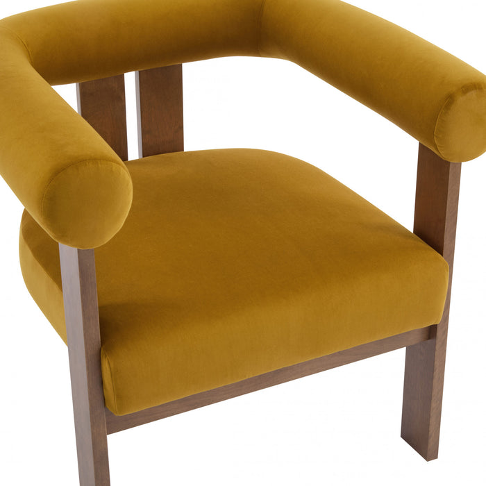 Crest Fauteuil d'Appoint Moderne a Accoudoirs Ronds et Pieds Triangulaires, Jaune Moutarde, Noyer
