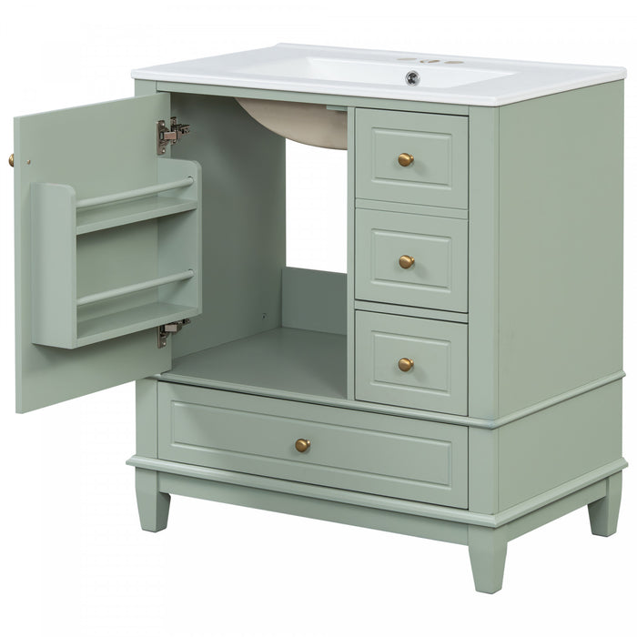 Emma Meuble-lavabo en bois massif de 30\" avec vasque en ceramique et porte a fermeture douce, Vert