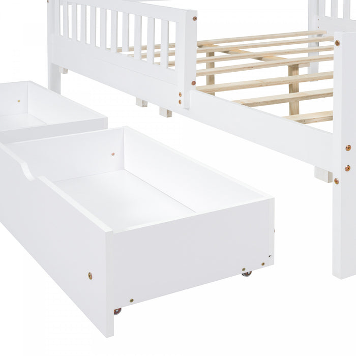Emma – Lit Plateforme en Bois avec Barrieres de Protection et Tiroirs de Rangement, Format Double - Blanc