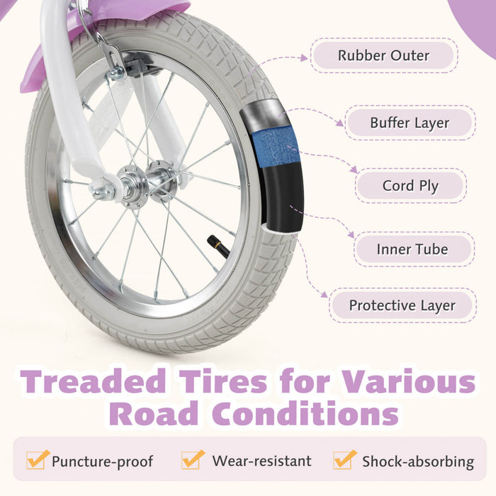Costway 14 Pouces Enfants Velo Avec Roues D'entrainement Poupee Siege Panier Streamers Frein A Main Violet