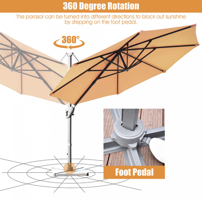 Costway Parasol deporte 11ft pour terrasse a rotation cantilever, aluminium, inclinable, base croisee, beige