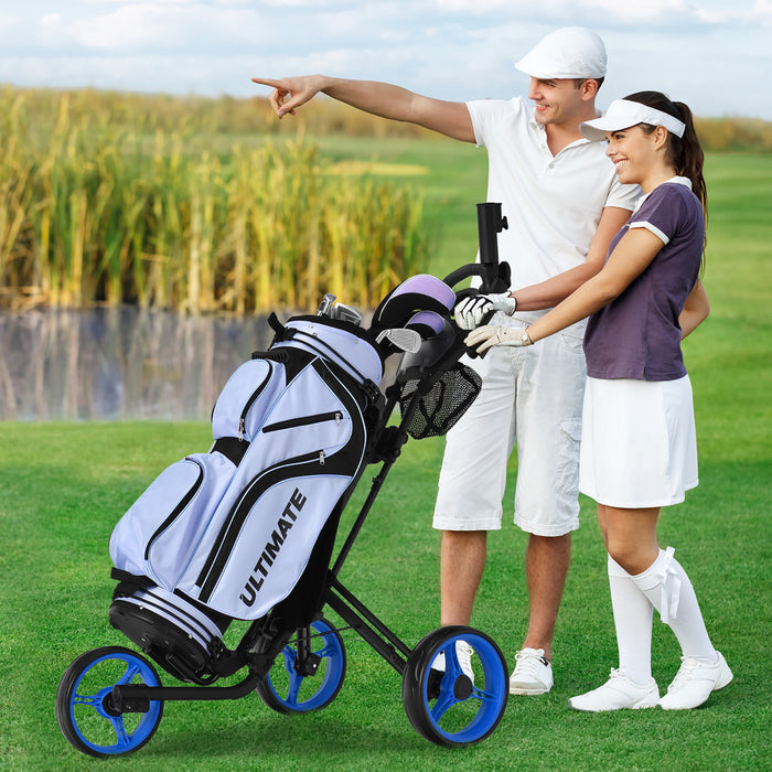 Goplus Pliant 3 Roues Golf Push Cart W/brake Scoreboard Poignee Reglable Bleu