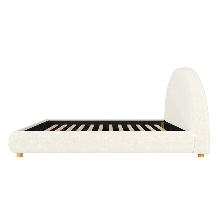 Lit plateforme Harold avec tete de lit incurvee ronde en tapisserie bouclee et cadre bas, taille King, blanc