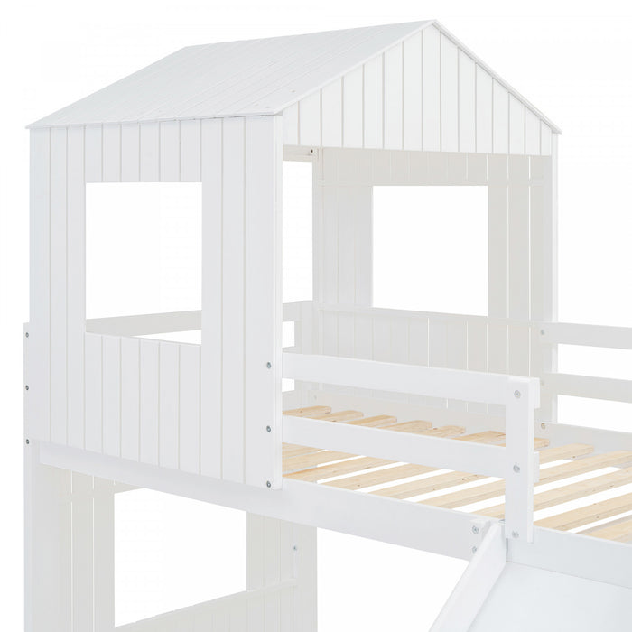 Lit Superpose Marico En Bois Massif, Taille Simple En Haut Et Double En Bas, Avec Toboggan, Design Maison De Jeu, Blanc