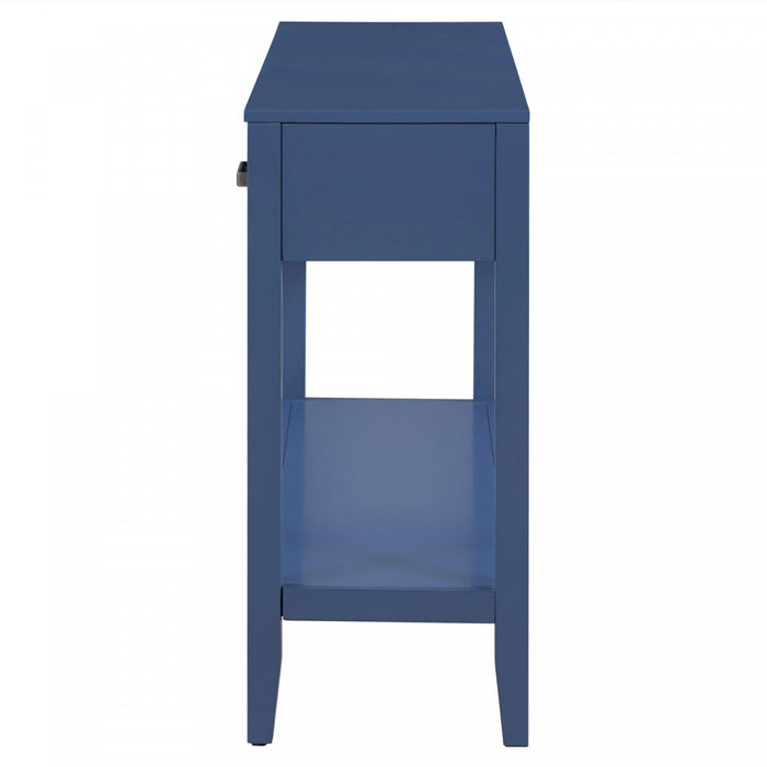 Table d'entree Emma 59,1'' de style ferme avec tiroirs et etagere ouverte, bleue