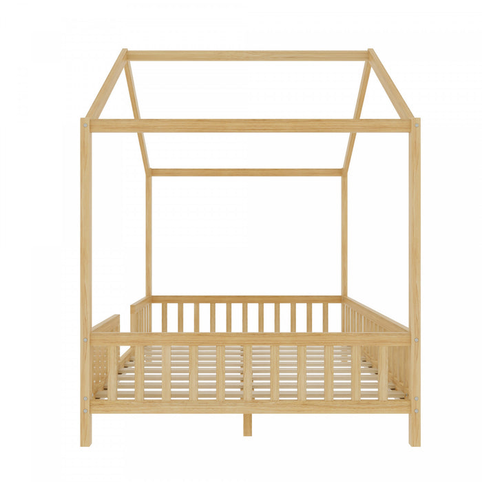 Paul Lit Montessori au sol avec baldaquin et barrieres hautes, Taille Double, Bois Naturel
