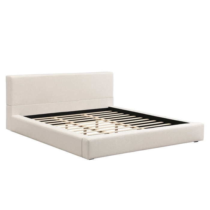 Lit plateforme rembourre Connor avec tete et pied de lit en lin, taille King, beige
