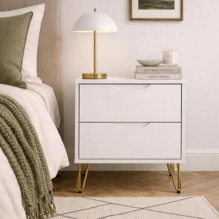Table de nuit Avira style milieu du siecle moderne 20\" en blanc (2 tiroirs)