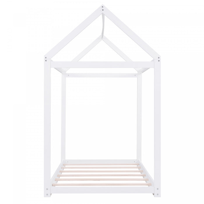 Lit De Maison En Bois Massif Au Design Facile A Nettoyer Avec Cadre De Toit, Taille Simple, Blanc