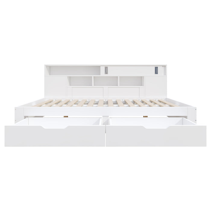 Banquette-lit Liam avec tiroirs de rangement et etageres integrees, taille full, blanc