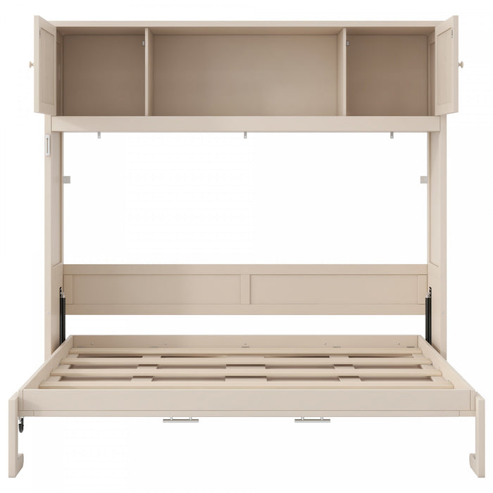 Lit escamotable Ethan en bois massif avec armoires de rangement, taille full, beige