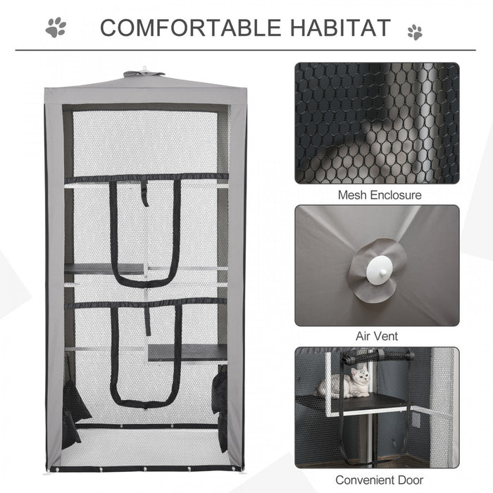 Pawhut Grand Enclos Exterieur Pour Chat Chaton Maison Cage Interieure Chenil Pour Animaux De Compagnie Parc Avec 3 Plateformes Porte 4 Sacs De Sable 39\" X 39\" X 79\"