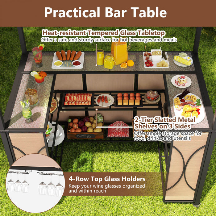 Costway 6.5 X 4 X 8 Ft Grill Gazebo Ensemble Avec 2 Tabourets De Bar, Table De Bar En Verre Trempe Brun