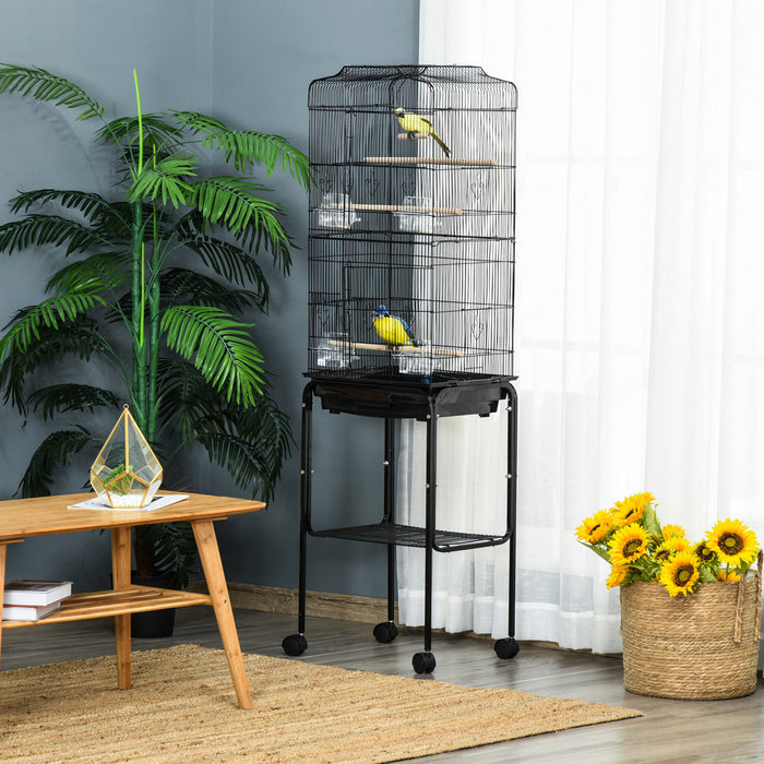 Pawhut Cage A Oiseaux Sur Roulettes Grande Voliere Detachable Cage Portable Multi-accessoires Avec Mangeoires Perchoirs Plateau Amovible Et Etagere Cage Pour Canaris Perruches Noir
