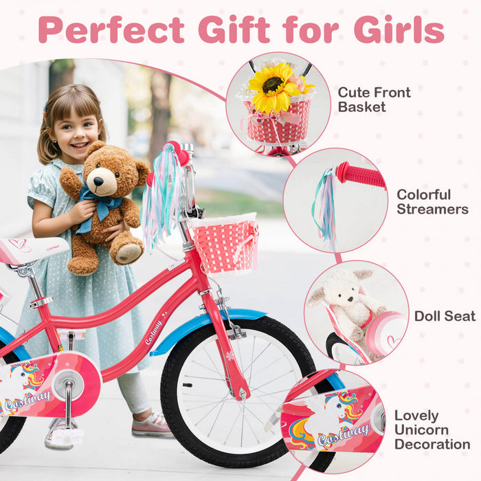 Costway 16\" Velo Pour Enfants Avec Siege De Poupee Panier Et Streamers Colores 2 Roues D'entrainement Rose