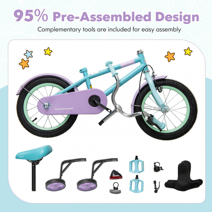 Costway 16\" Velo Pour Enfants Avec Guidon Reglable De Selle Roues D'entrainement Amovibles Frein A Main Bleu