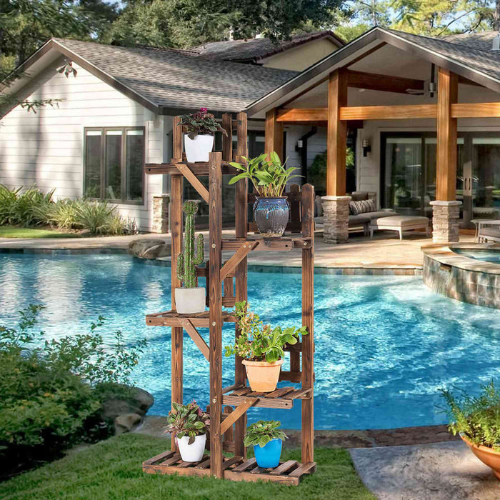 Etagere A Fleurs En Bois A 5 Niveaux, Support De Pots Avec Grande Capacite Pour Decoration, Porte-plantes Exterieur Ou Interieur En Couleur Marron, Presentoir Parfait Pour Maison, Jardin, Balcon