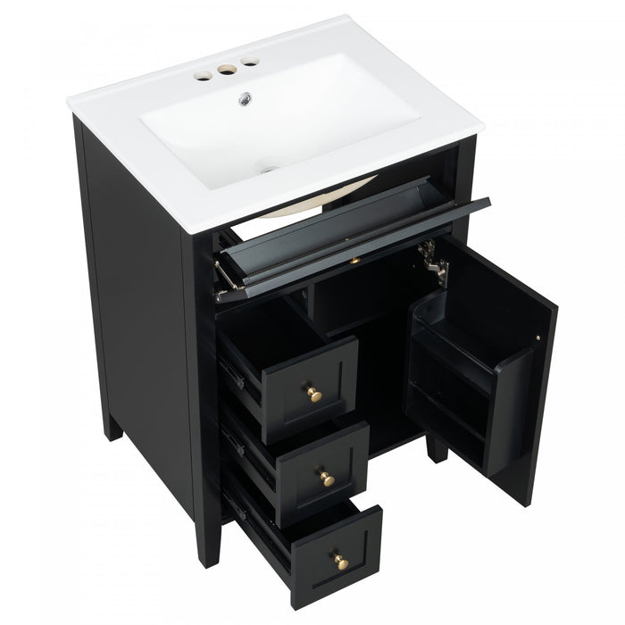 Scott Meuble-lavabo de 24\" avec vasque en ceramique et pieds en bois caoutchouc, Noir