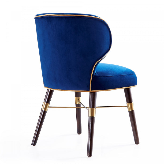 Chaise de salle a manger moderne Strine en bois et tissu bleu et or - Lot de 2