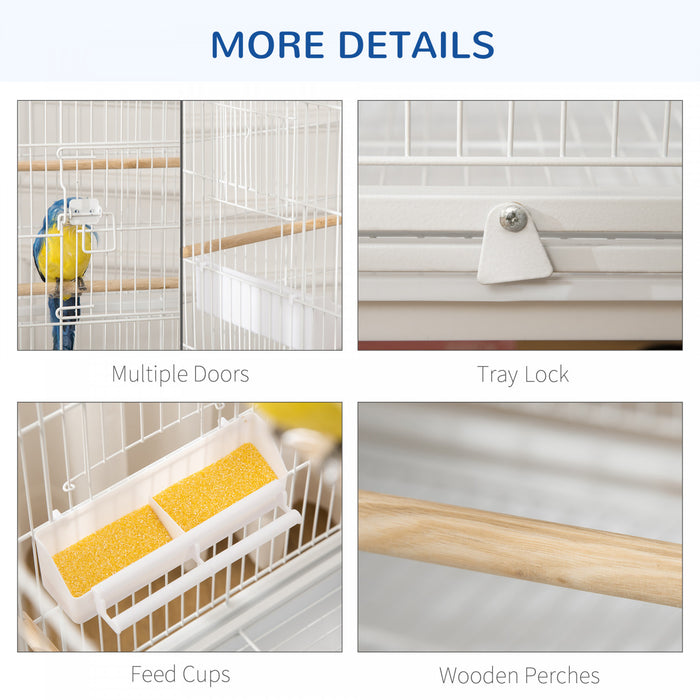 Pawhut 52\" Grande Cage A Oiseaux Roulante En Acier Avec Support Roulant, Etagere De Rangement, Perchoir En Bois, Recipient Alimentaire, Blanc