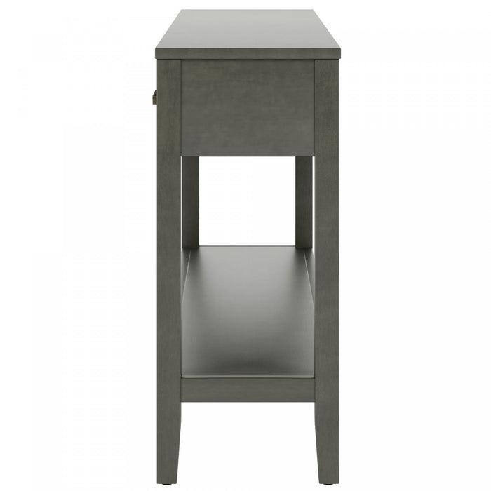 Table d'entree Emma 59,1'' de style ferme avec tiroirs et etagere ouverte, grise
