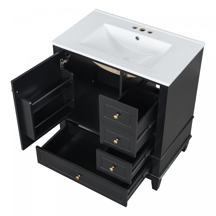 Emma Meuble-lavabo en bois massif de 30\" avec vasque en ceramique et porte a fermeture douce, Noir