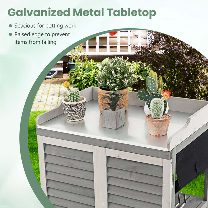 Etabli D’exterieur Avec Dessus Spacieux Galvanise Et Etagere A 2 Niveaux, Abri De Jardin Avec Porte Laterale Enroulable Et Pieds Sureleves, Pour Stocker Pelles, Arrosoirs Et Ciseaux, Gris