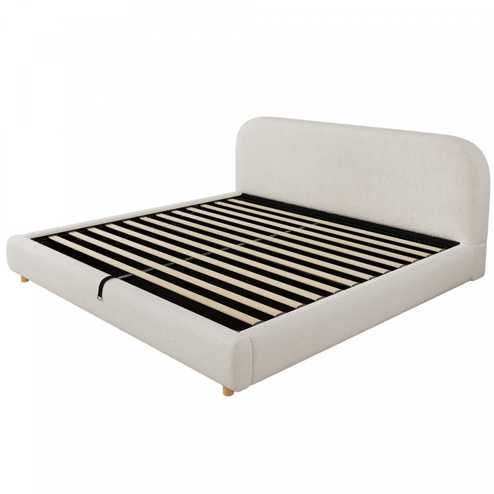 Lit plateforme Laurel avec coffre de rangement a levage hydraulique, tapisserie bouclee et espace de rangement cache sous le lit, taille King, blanc