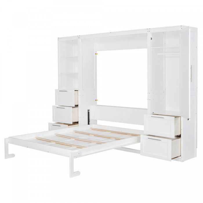 Lit Mural Escamotable Angela En Bois Composite Avec Tiroirs Et Etageres, Taille Queen, Blanc
