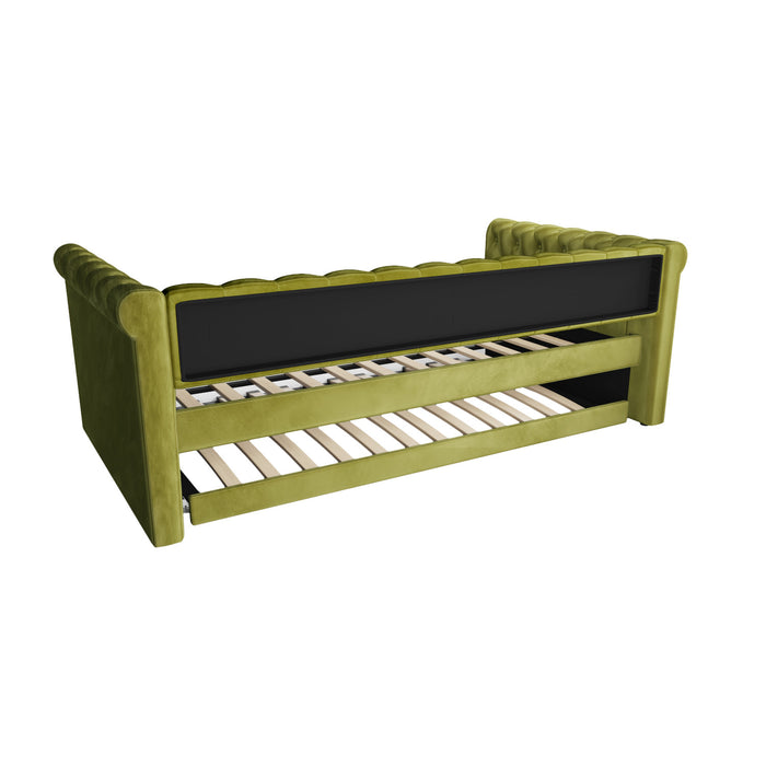 La Sophia Daybed avec design capitonne, revetement en tissu, lit d'appoint avec trundle et dossier confortable, couleur verte