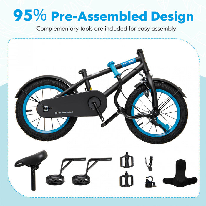 Costway 14\" Velo Pour Enfants Avec Guidon Reglable De Selle Roues D'entrainement Amovibles Frein A Main Noir