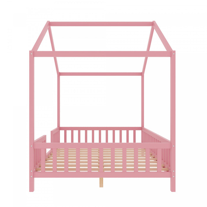 Paul Lit Montessori au sol avec baldaquin et barrieres hautes, Taille Double, Rose