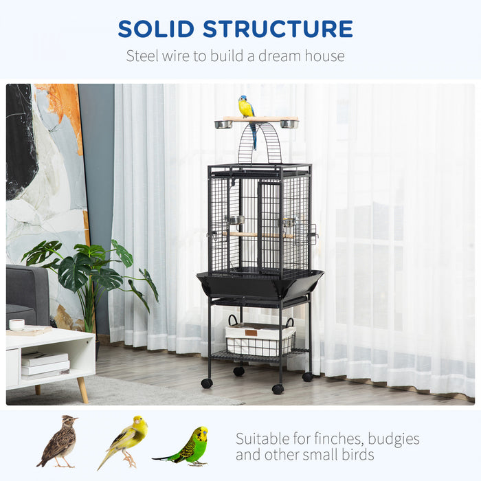 Pawhut Cage A Oiseaux De 61 Pouces Pour Pinsons, Perruches Avec Support, Plateau Coulissant, Dessus De Jeu, Etagere De Rangement, Perchoir En Bois, Recipient Alimentaire