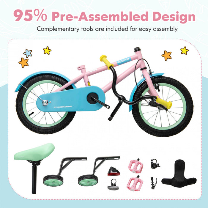 Costway 16\" Velo Pour Enfants Avec Guidon Reglable De Selle Roues D'entrainement Amovibles Frein A Main Rose