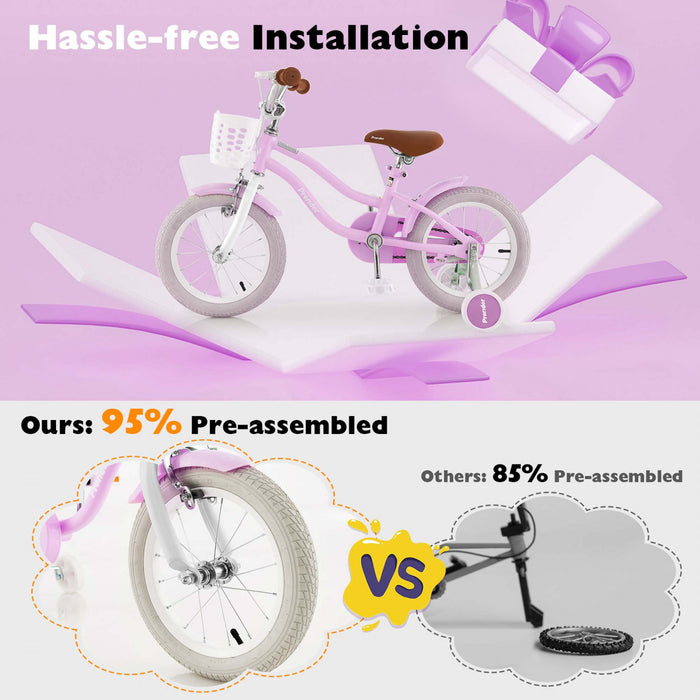 Velo Costway 14\" Pour Enfants Avec Roues D'entrainement Amovibles Et Panier Pour 3-5 Ans Violet