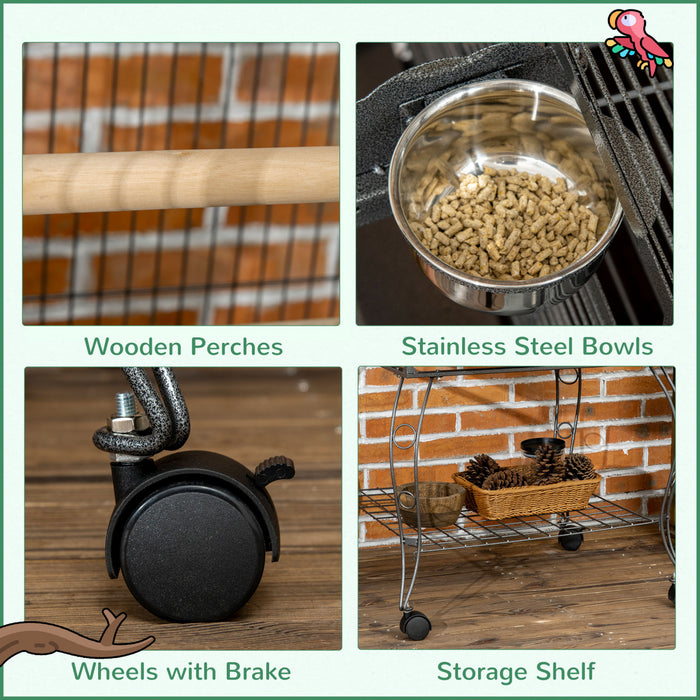 Pawhut 66\" Cage A Oiseaux Cage A Perroquets Pour Perruches Calopsittes Perruches Avec Dessus De Jeu, Support Roulant, Plateau Coulissant, Etagere De Rangement