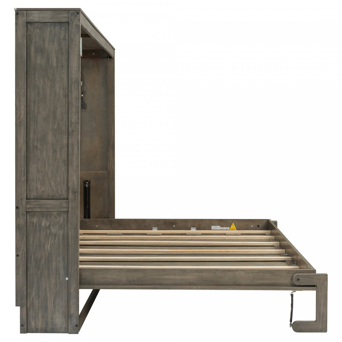 Lit escamotable Olivia en bois massif avec lumiere LED et armoire pliante, taille queen, marron