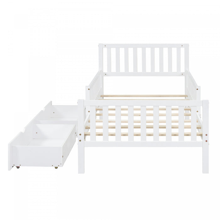 Emma – Lit Plateforme en Bois avec Barrieres de Protection et Tiroirs de Rangement, Format Simple - Blanc