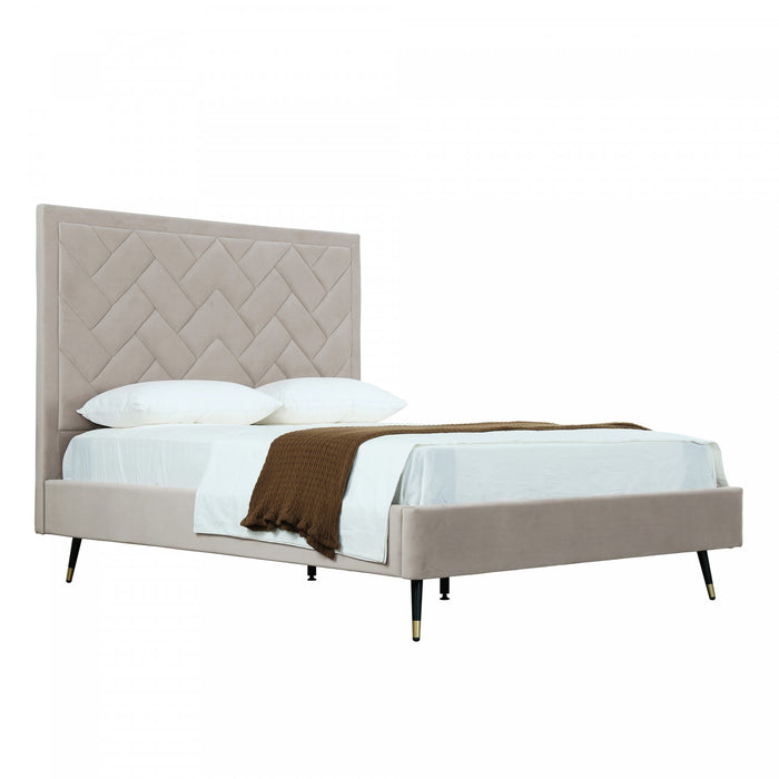 Lit Queen moderne Crosby en velours capitonne, coloris grege
